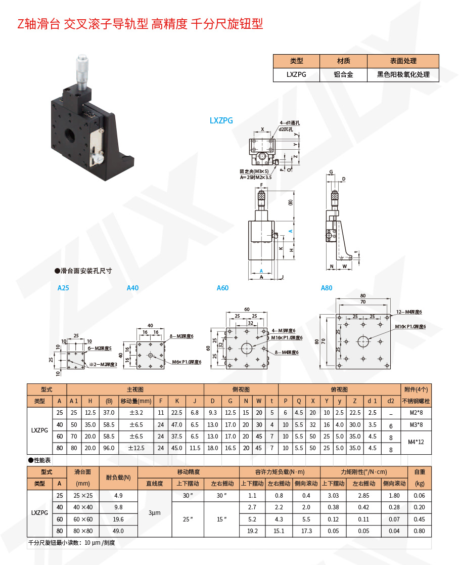 Z-91Z軸滑臺(tái)交叉滾子導(dǎo)軌型高精度千分尺旋鈕型